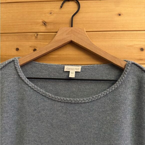 Garnet Hill Size Large Gray Blue Cashmere Braid Detail Pullover Sweater - Picture 3 of 11